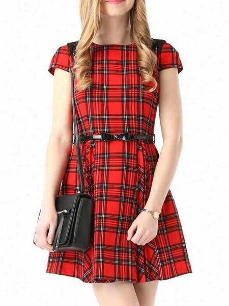 Plaid Modern Round Neck Skater Dress