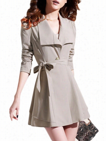 Plain Asymmertical Hems Chic Lapel  Trench Coats