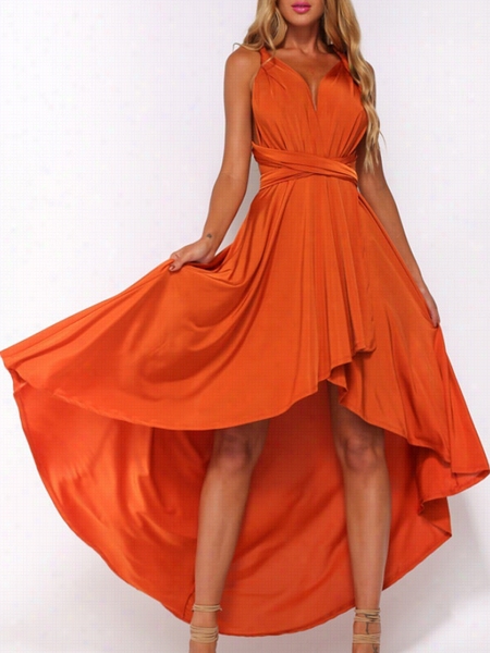 Plain Asymmetrical Hems Exquisite V Neck Maxi-ress