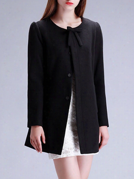 Plain Bowknot Single Breasted Elegannt Round Neck Overcoats