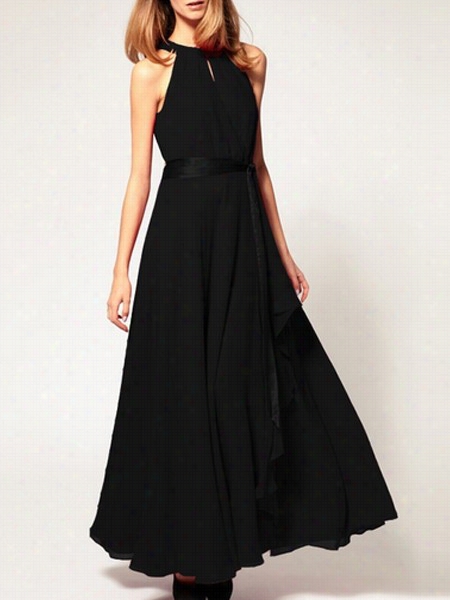 Plain Falbala Crew Neck Maxi Dress