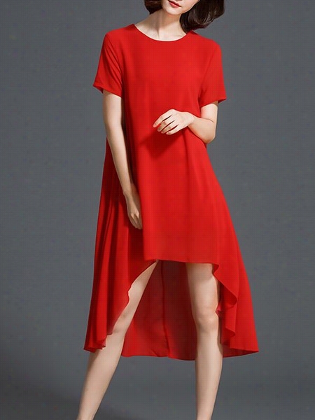 Plain Relax Asymmetrical Hems Round Neck Maaxi Dress