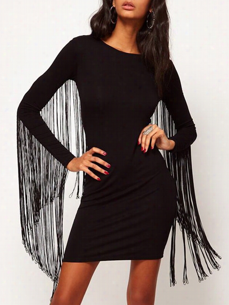 Plain Tassel Elegant Crew Neck Bodycon Dress