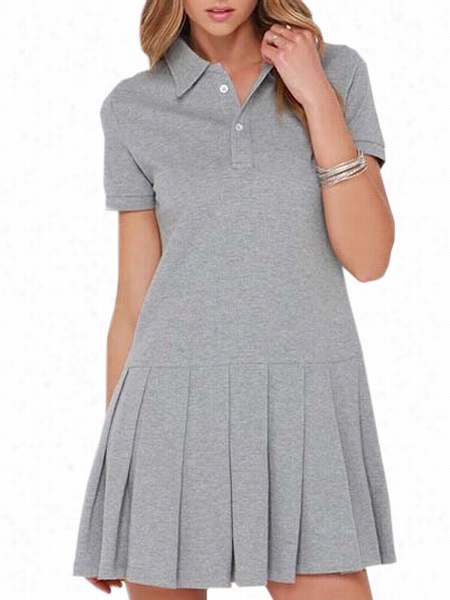 Pleated Exquisite Small Lapel Plain Skater~dress