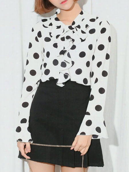 Polka Dot Falbala Boe Collar Long Mandrin Slee Ve Blouses