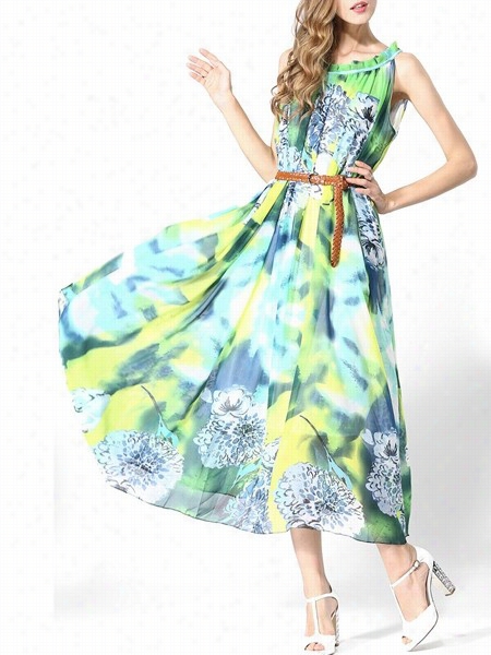 Printed Vague Fitting Round Neck Maxi Dress