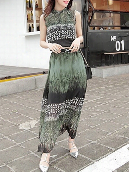 Printed Side Slit Chic Band Collar Maxi Dress