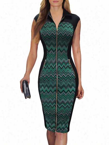 Printted Zips Delightful V Neck Bodycon Dress