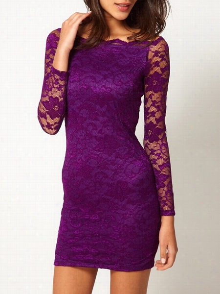 Purple Hollow Out Lace Stinning Round Neck Bodycon D Re Ss