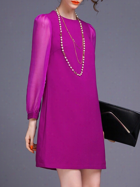 Purple Roubd Neck Patchwork Plain Shift-dress