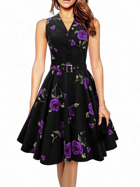 Purple Swing Floral Peinetd Vintage Elegant Lapel Skater Dress