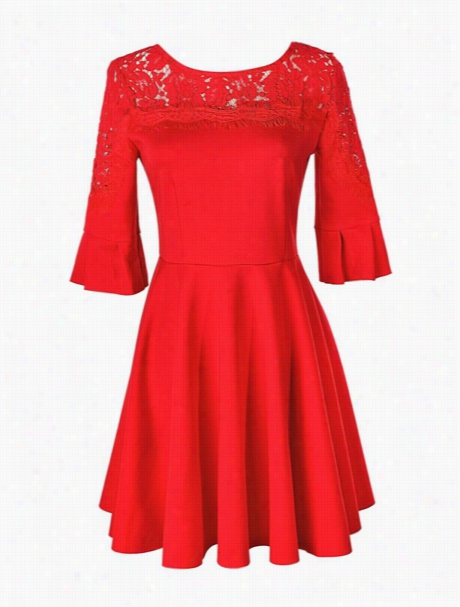 Red Hollow Out Lace Glamorous Round Neck Skater Dress