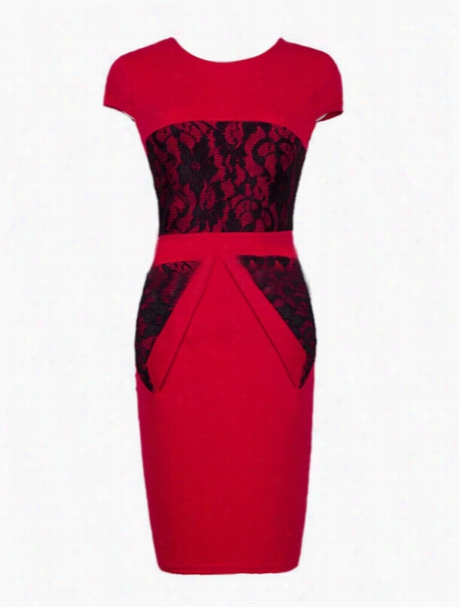 Red Lace Patchwork Exquisite  Crew Neck Bodycon Dress