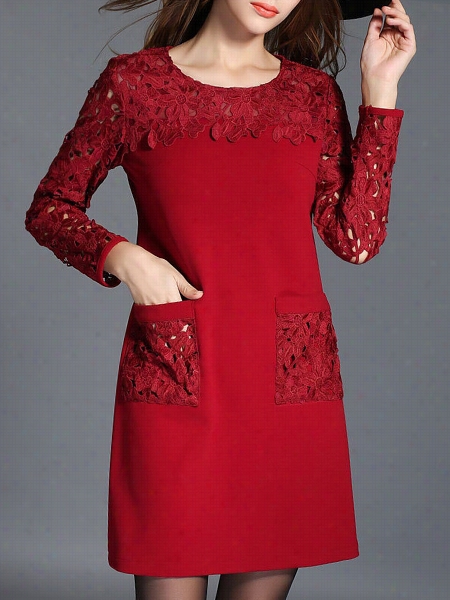 Remarkable Round Neck Pockets Lace Plain Shift-dress