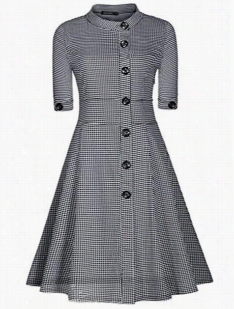 Single Breastedd Band Collar Plaid Skater-dress