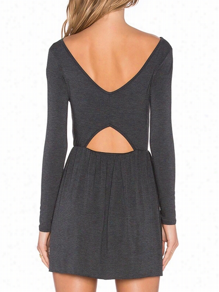 Slash Neck Hollow  Out Plain Skater-dress