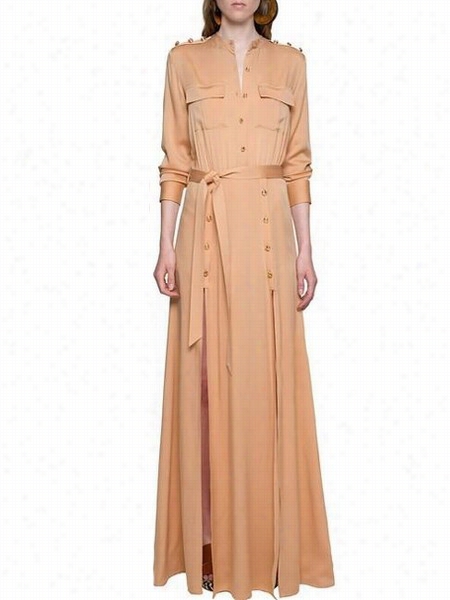 Split Decorative Buttons Crew Neck Maxi Dress