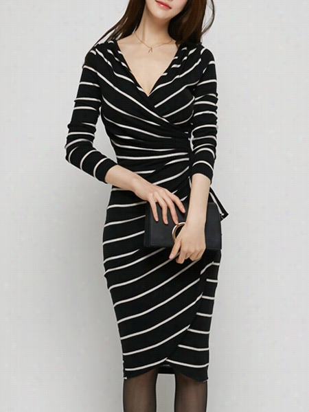 Striped Asymmetrical Hems Chic V Neck Bodycon Ddess