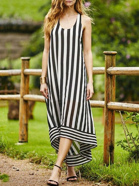 Striped Asymmetrical Hems Round Neck Maxi Dress