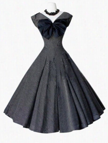 Striped Bowknot Fancy V Neck Skater Dress