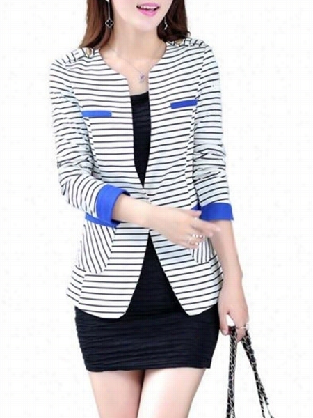 Striped With Pockets Fanc Round Neck Blazers