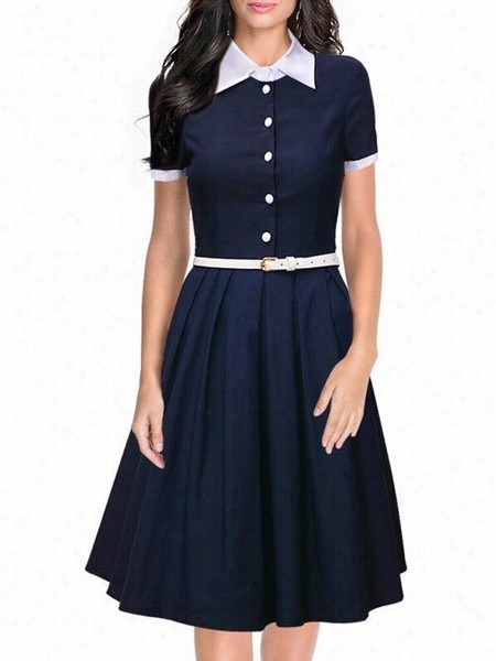 Swing Color Block Remarkable Small Lapel Skater Dress