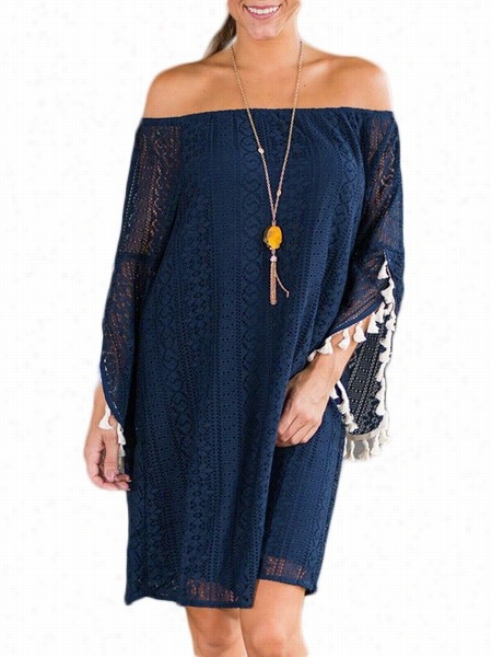 Tassel Hems Delicate Slash Neck  Shift Dress