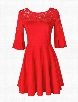 Red Hollow Out Lace Glamorous Round Neck Skater Dress