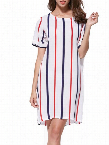 Trendy Stripes Sparkl Ing O-neck Shiift Dress