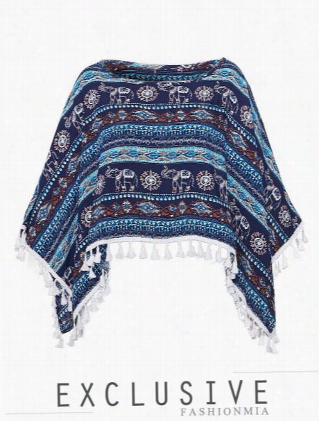 Tribal Printed Batwing Tassel Slashh Neck Blouses