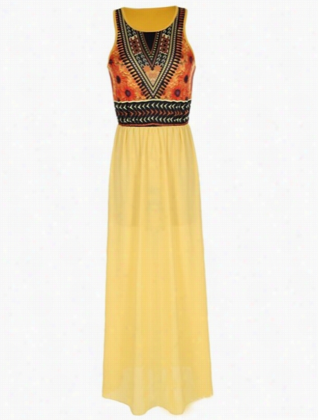 Tribal Printed Crew Neck Maxi Dress