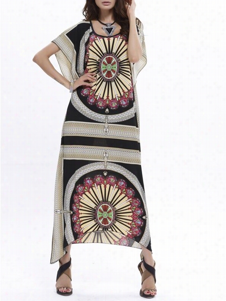 Tribal Printed Loose Round Neck Batwingsleeve Maxi Dress