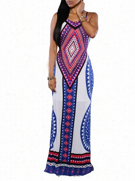 Tribal Printed Side Sl1t Round Neck Maxi Dress