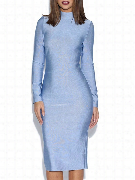 Two Colors Plain Stunning Band Collar Bodycon Dress