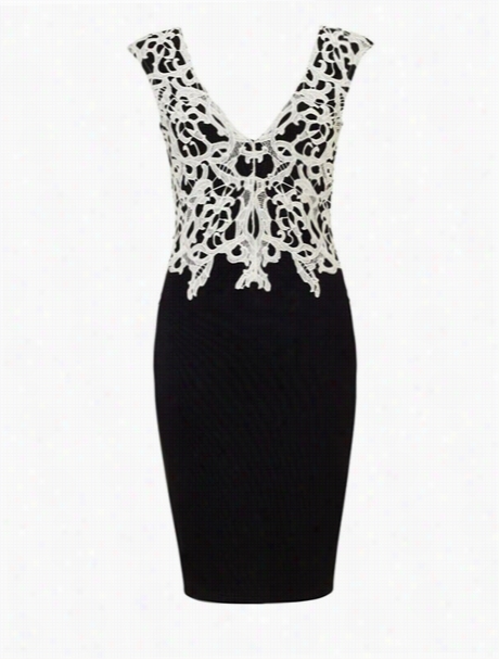 White-black Embroidery Patchwork Remarkable V Neck Bodycon Dress