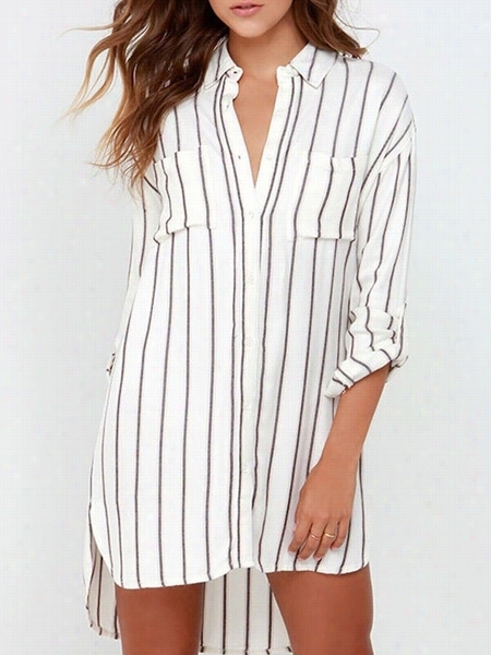 With Pockets Striped Enticing Lapel Loose Fitting Shift-dress