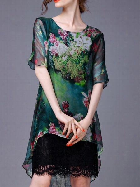 Women's Round Neck Lace Patchwok Printed Shift-dress