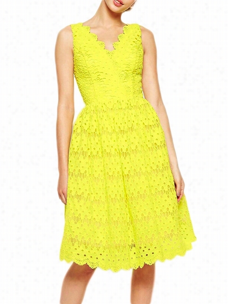 Yellow Swing Ball Gown Hollow Out Lace Remarkable V Neck Skater Dress