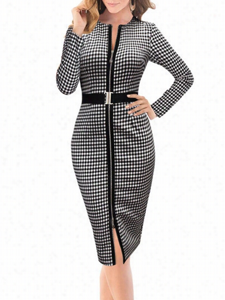 Zipper White-black Plaid Delicate Round Neck  Bodycon  Dress