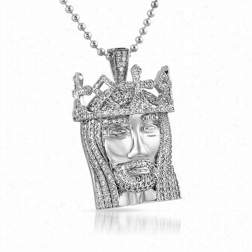 3d Crown Mini Detailed Jesus Rhodium Pendant