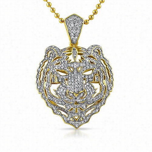 3d Tiger Face Micro Pave Cz Gold Bling Bling Endant