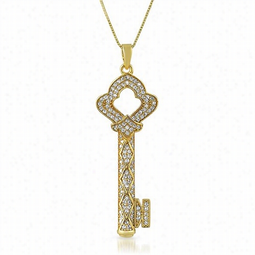 Antique Key Gold .925 Sterling Silver Cz Pendant