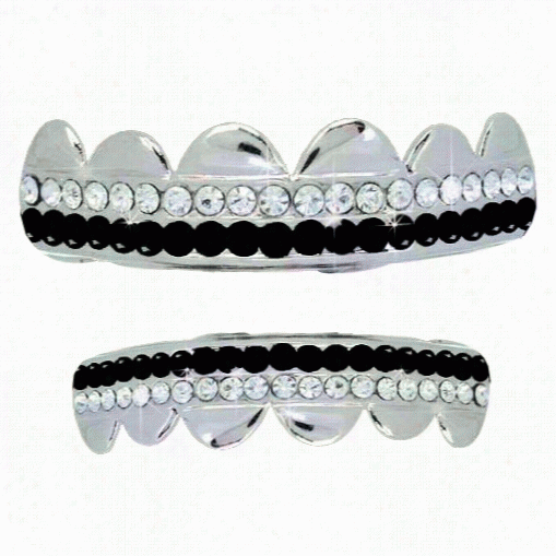 Blacck / Happy Duplicate Row Bling Silver Grillz  Top Bottom Set