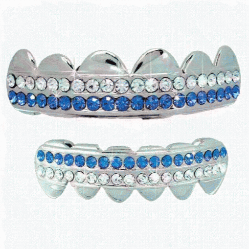 Blue / White Double Eck Bling Silvr Grillz Top Bottom Set