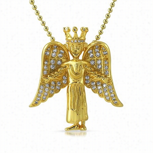 Crowned Angel Wings Mini Cz Gold Pendant