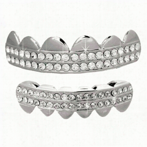 Doule Row Bling Bling Grillz Silverr Top Ottom Set