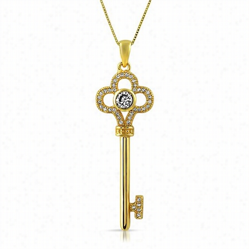 Gold Clover Key .925 Sterling Silver Pendant Cz