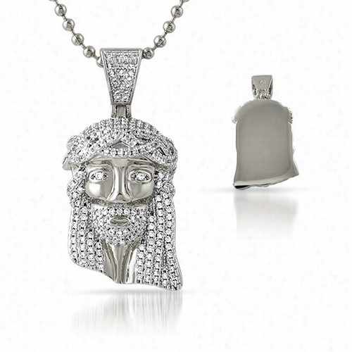 Iced Out Micro Jesus Rhodium Pendant Solid Back