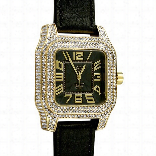 Iced Out Square Block Gold Bling Bling Leather Watch