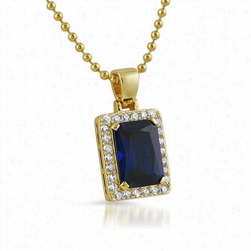 Lab Sapphire Block Gold Iced Out Pendant